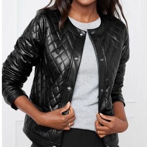 Talbots Black Quilted Vegan Leather Bomber Jacket Size L